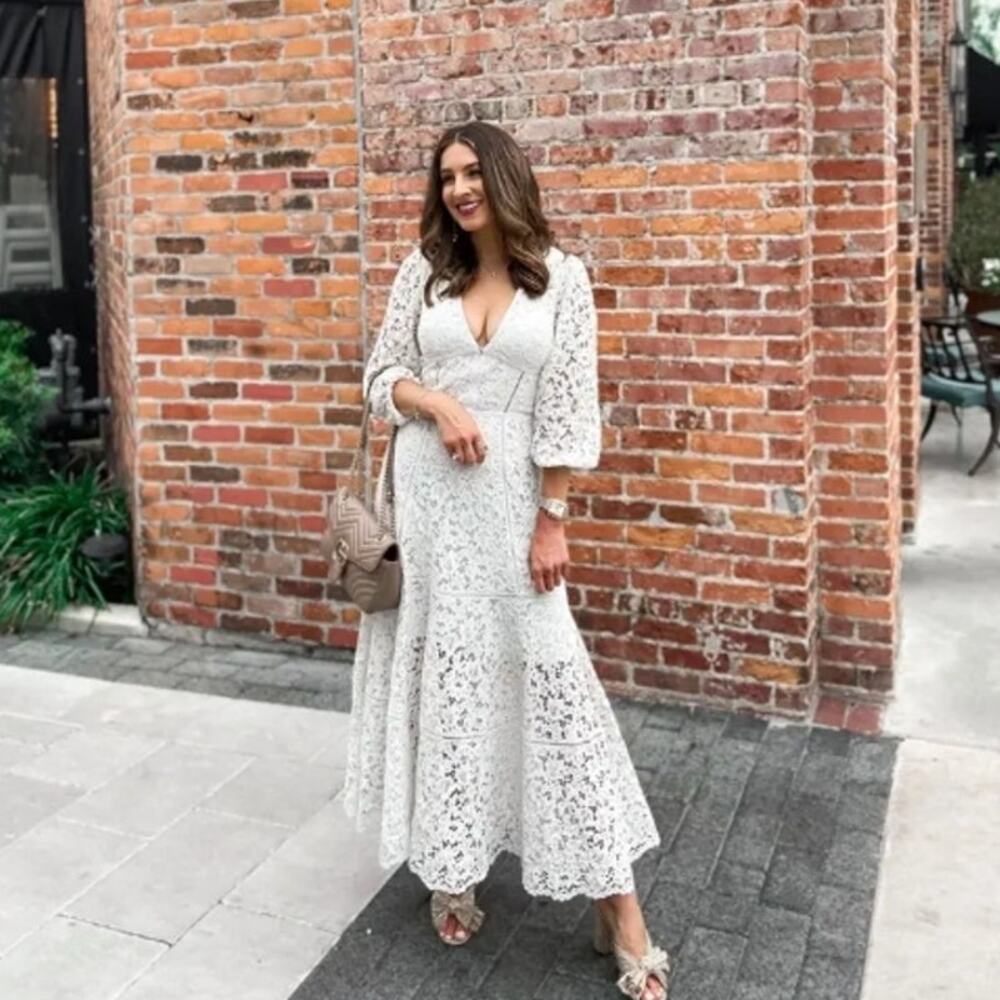 SIMKHAI White Lace V-Neck Midi Dress Long Sleeve Size 6